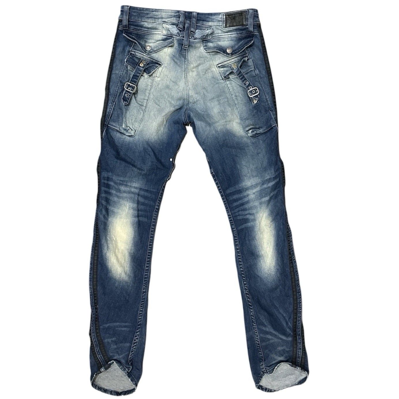 Robins Jeans Distressed Straps Bleach Wash Blue Eagle Wings Patch Straps Usa 32